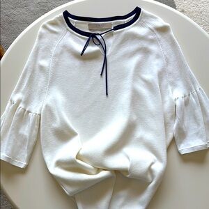 LEBEIGE luxury brand Ivory White Blouse with‎ Navy Trim